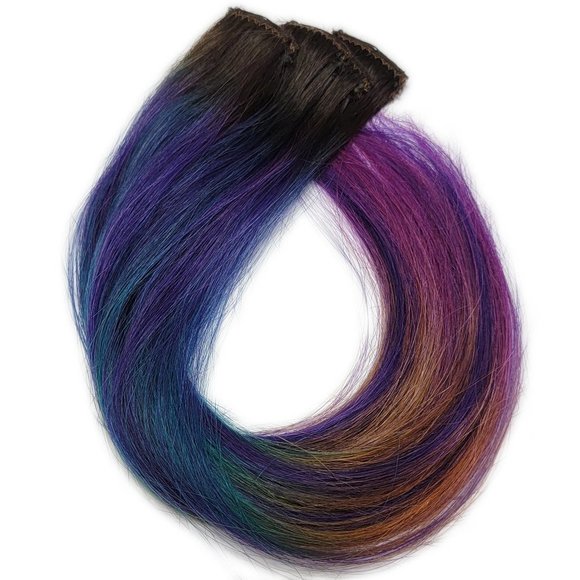 16 inch Remy Human Hair Extensions Purple Ombre Rainbow Dark Brown Root - Picture 2 of 2